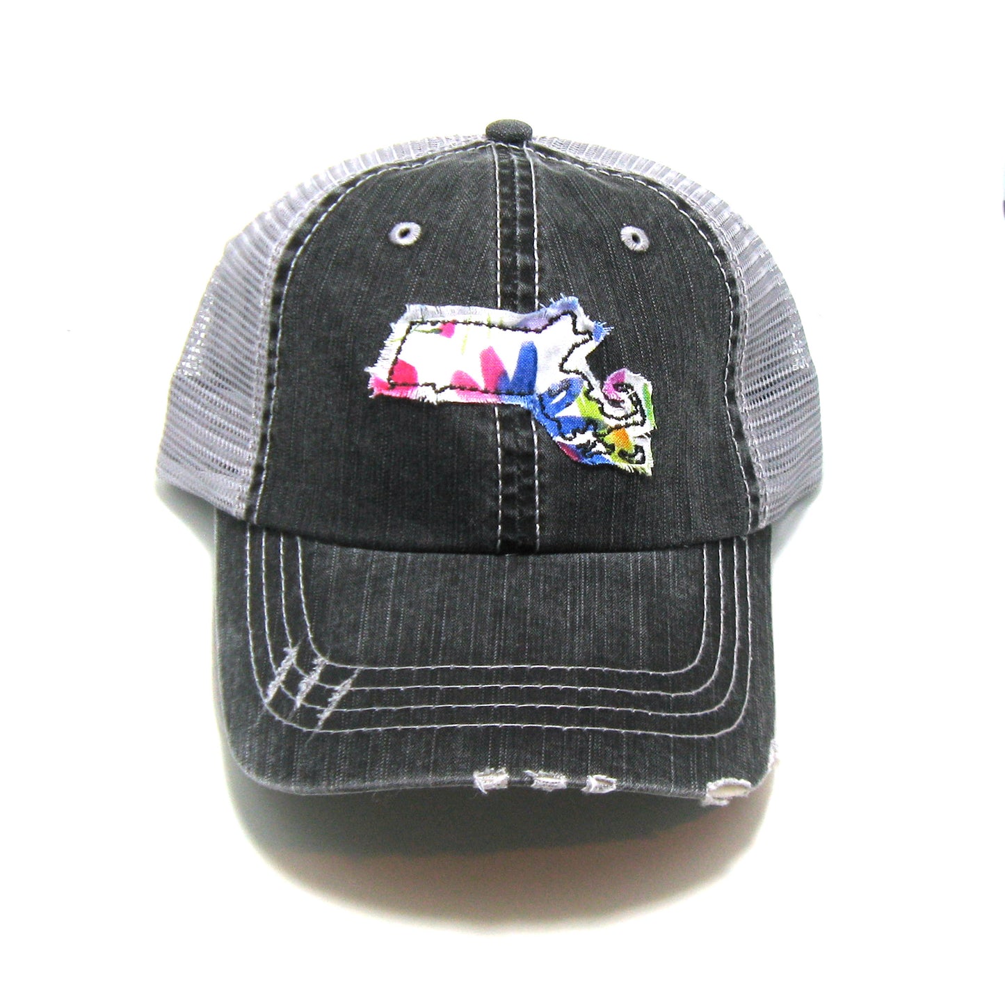 gray distressed trucker hat with gray floral fabric state of Massachusetts
