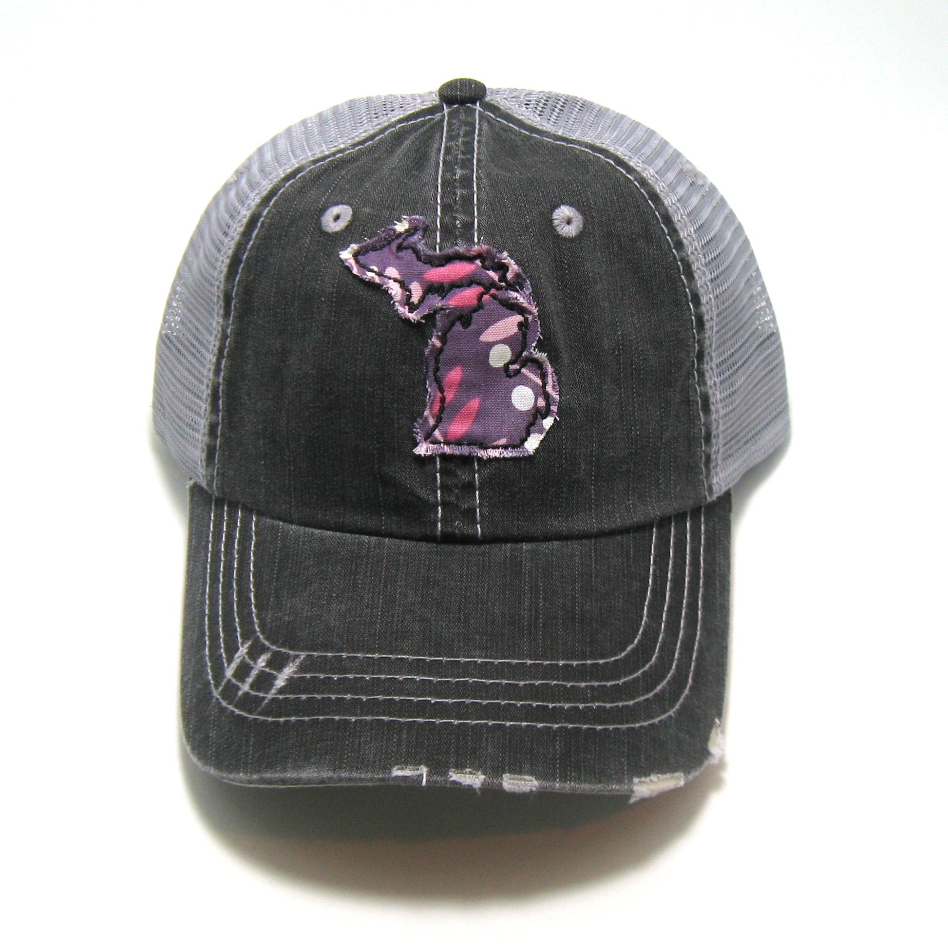 gray distressed trucker hat with gray floral fabric state of Michigan