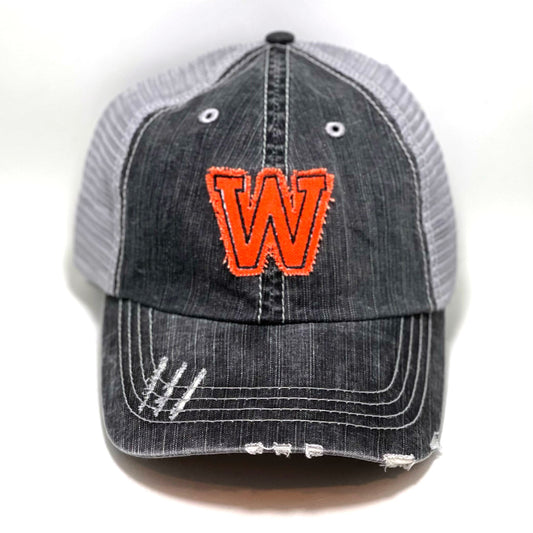 Gray Distressed Trucker Hat - West De Pere Hat - Orange Lettering with Black Stitching