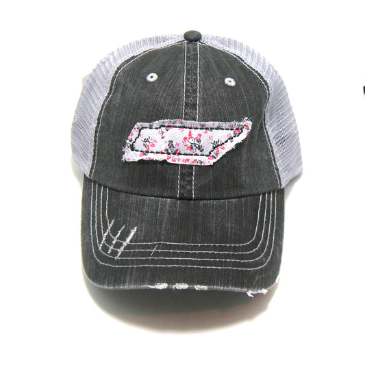 gray distressed trucker hat with gray floral fabric state of Tennessee