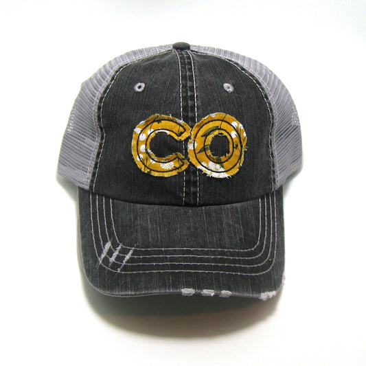 gray distressed trucker hat with gray floral fabric state of Colorado