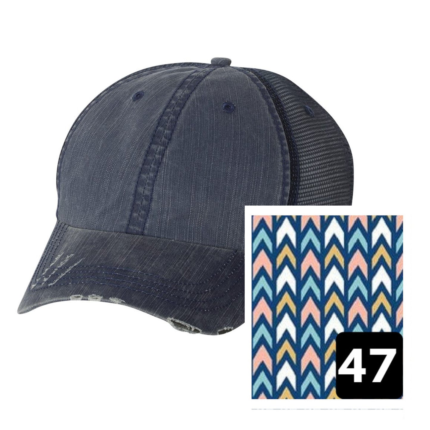 Arizona Hat | Navy Distressed Trucker Cap | Many Fabric Choices