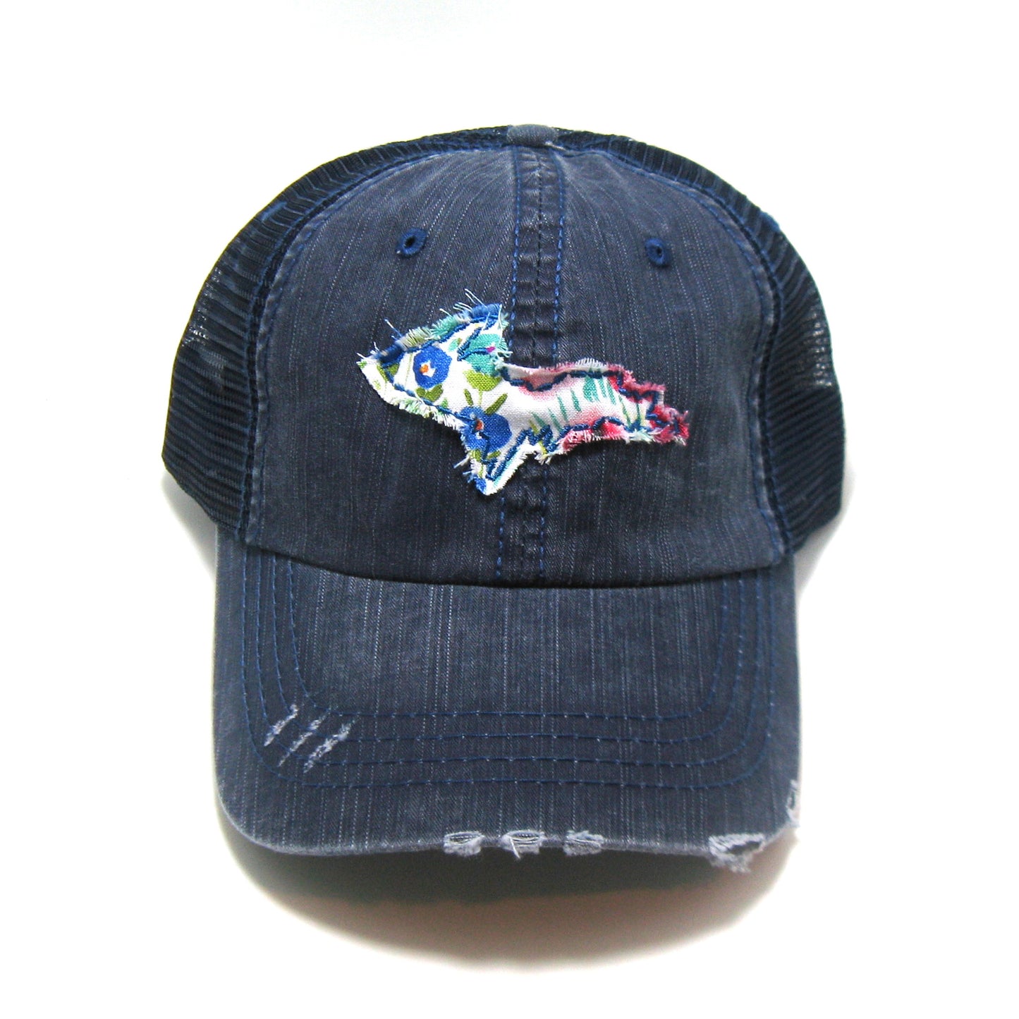 Upper Peninsula of Michigan Hat | Navy Distressed Trucker Cap | Many Fabric Choices