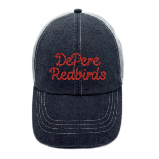 Black Pigment Dyed Trucker Hat | De Pere Redbirds Chainstitch