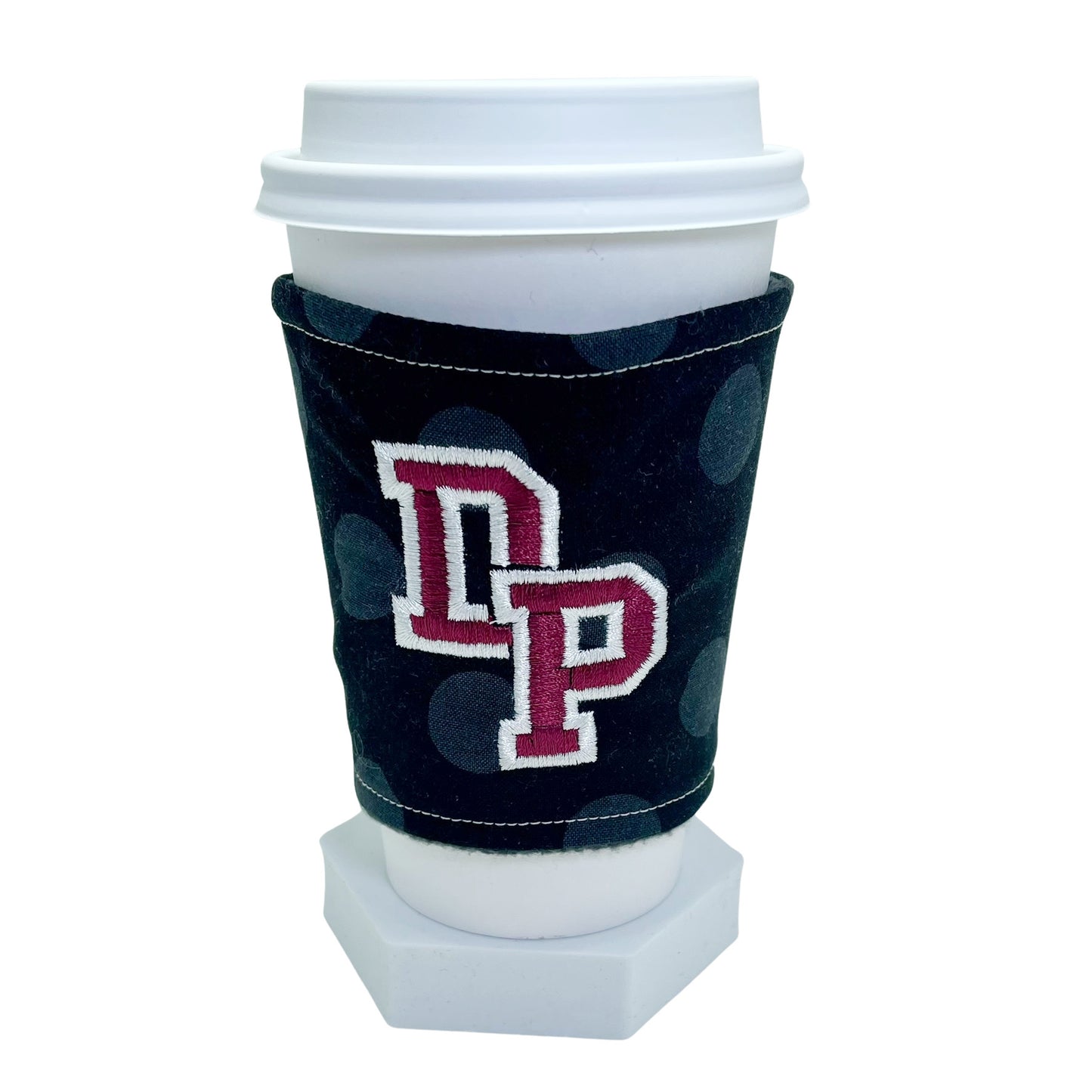 De Pere Interlocking DP Coffee Cuff | Iced Drink Cozy | To-Go Cup Sleeve | Custom Embroidered Personalized Beverage Cover | Hot Cocoa, Latte, or Tea Holder