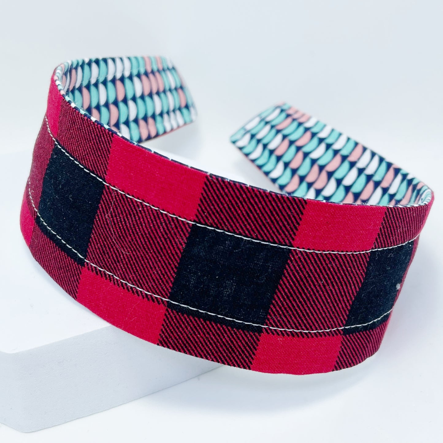 Comfortable Reversible Handmade Fabric Headband - Buffalo Check and Mod