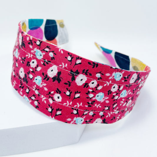 Comfortable Reversible Handmade Fabric Headband - Red Floral and Mod Dots