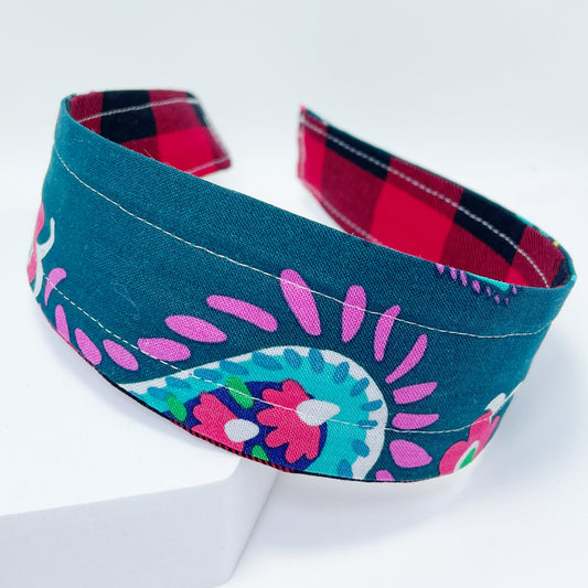 Comfortable Reversible Handmade Fabric Headband - Teal Floral and Red Check