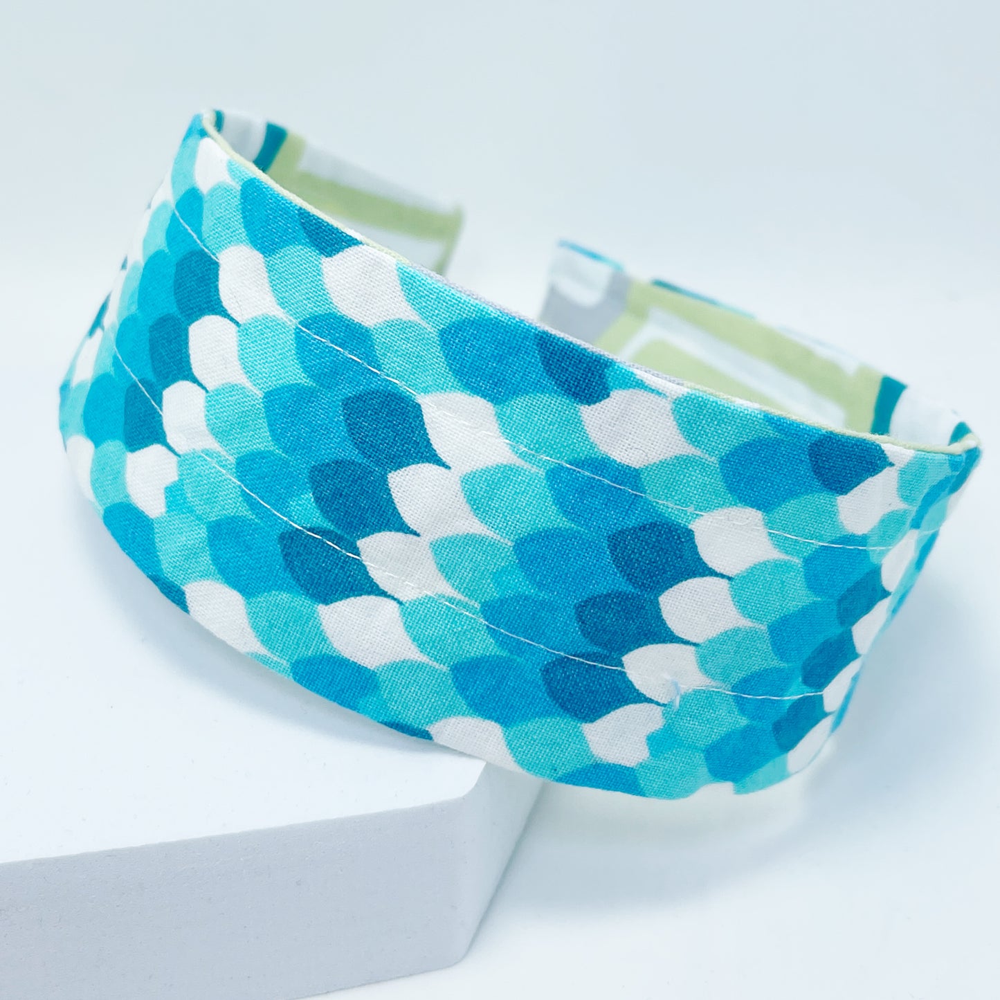 Comfortable Reversible Handmade Fabric Headband - Mod Mint and Blues
