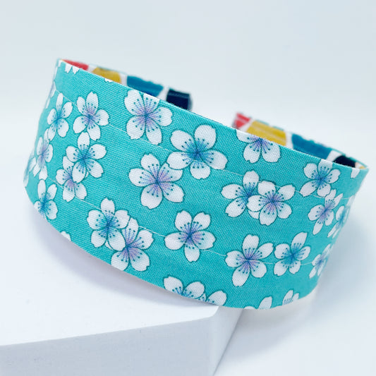 Comfortable Reversible Handmade Fabric Headband - Mod Dots and Aqua Sakura