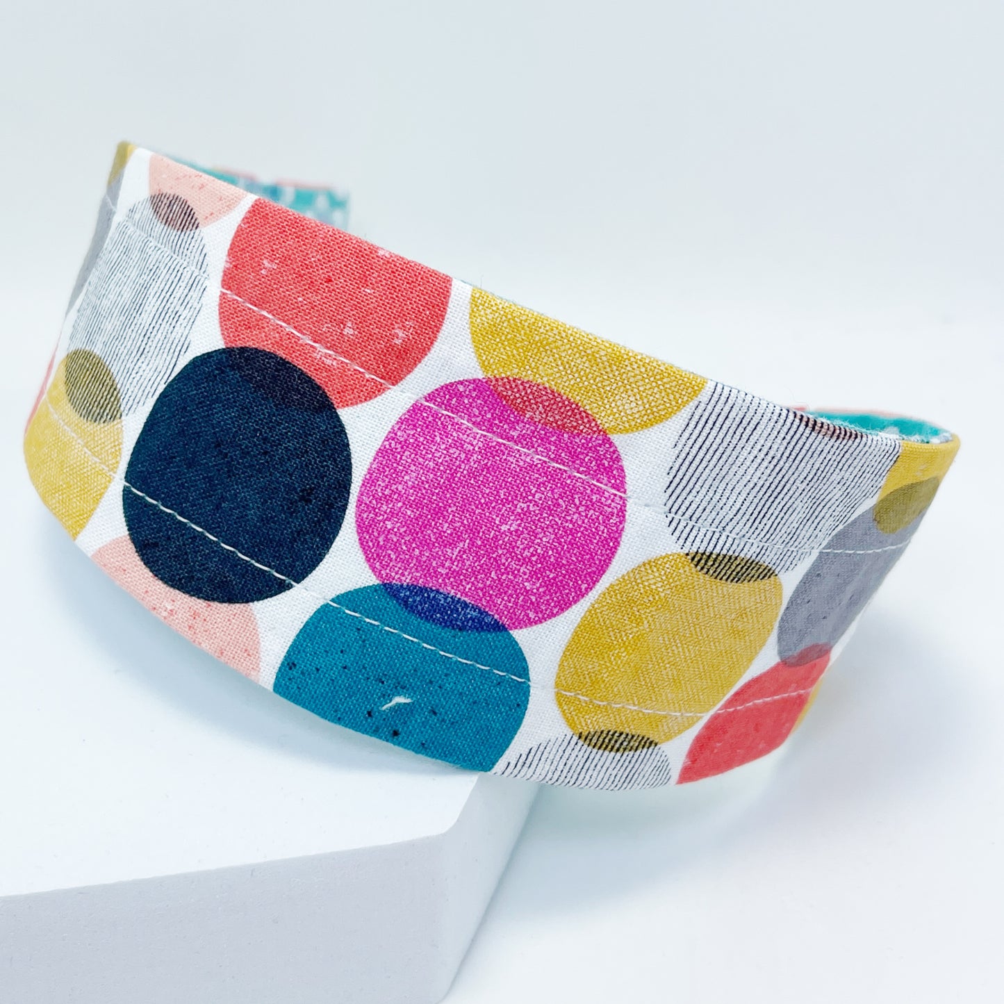 Comfortable Reversible Handmade Fabric Headband - Mod Dots and Aqua Sakura