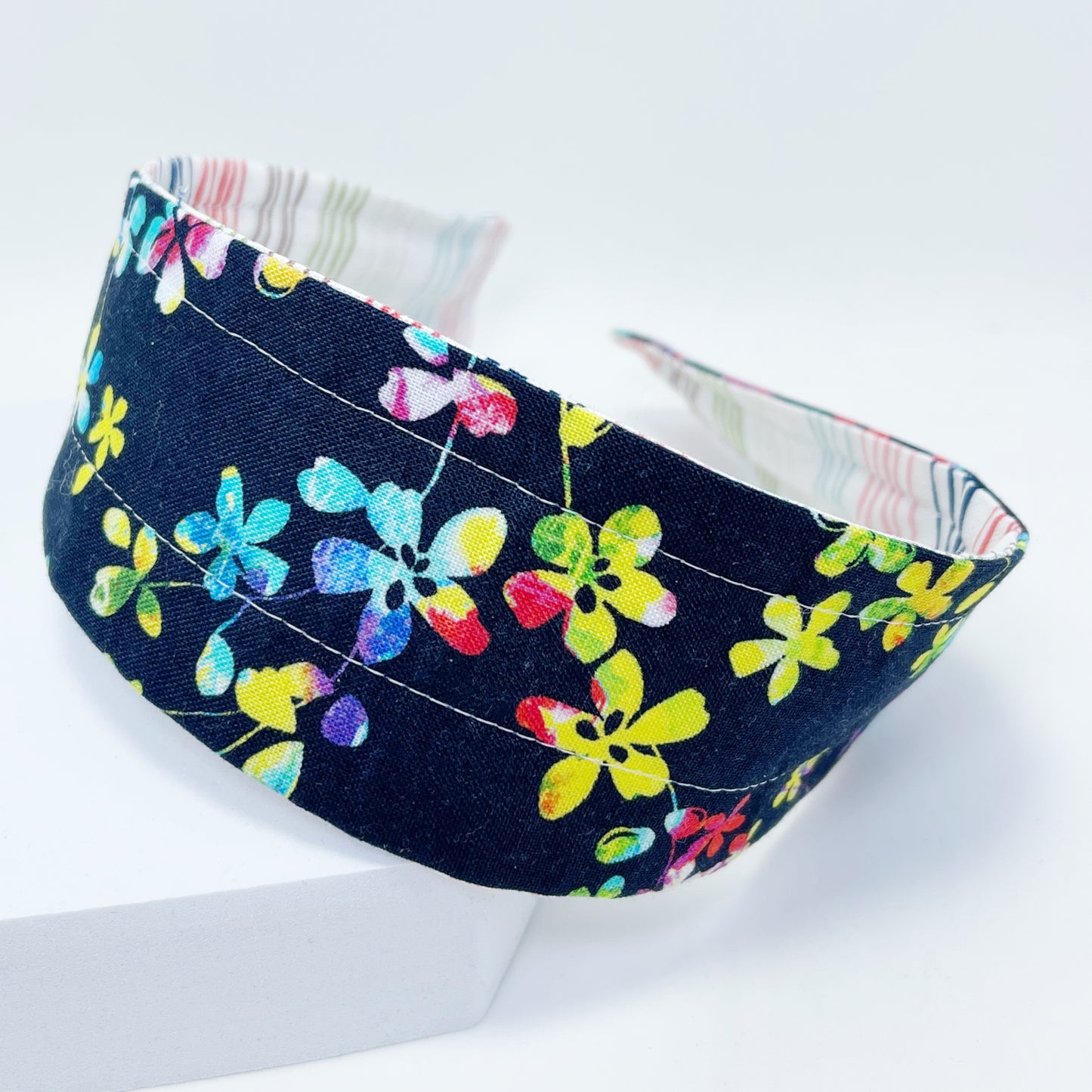 Comfortable Reversible Handmade Fabric Headband - Stripes and Bright floral on black