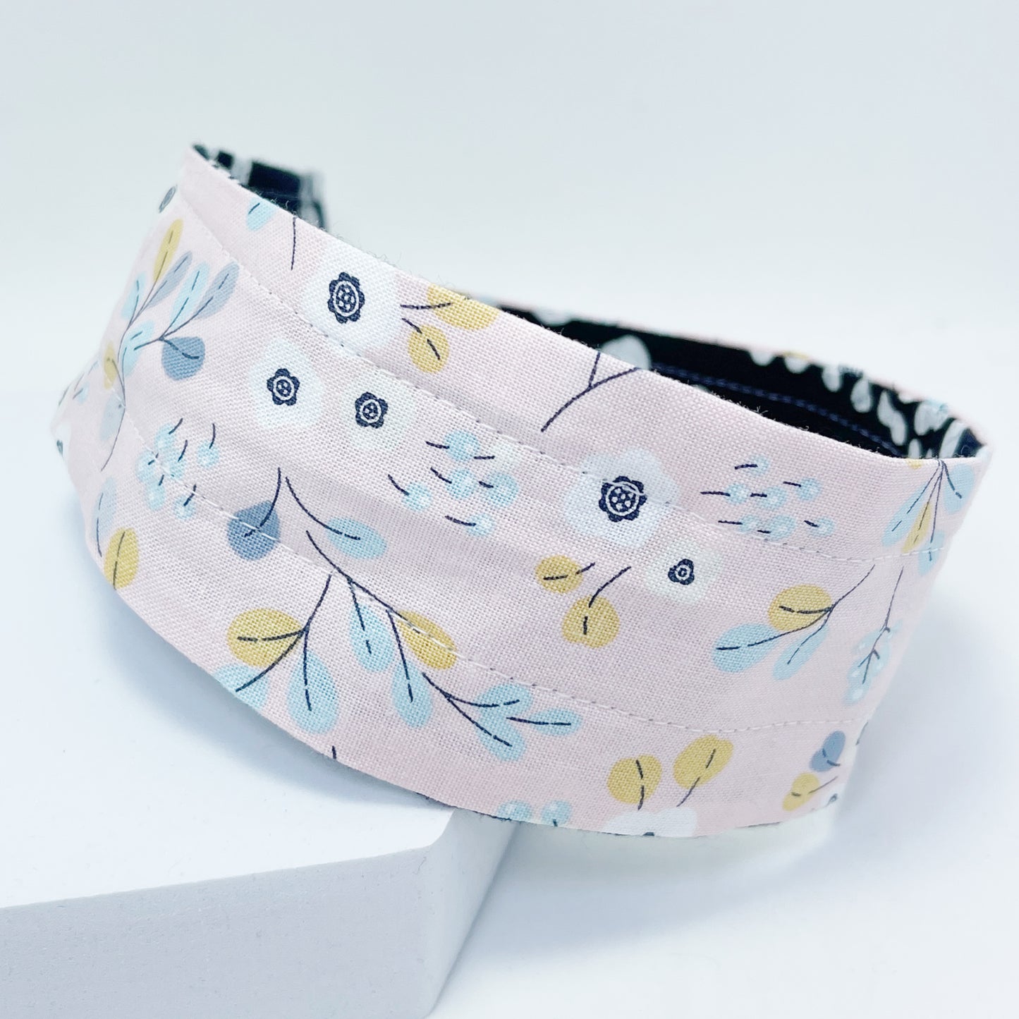 Comfortable Reversible Handmade Fabric Headband - Black Dots and Blush Floral