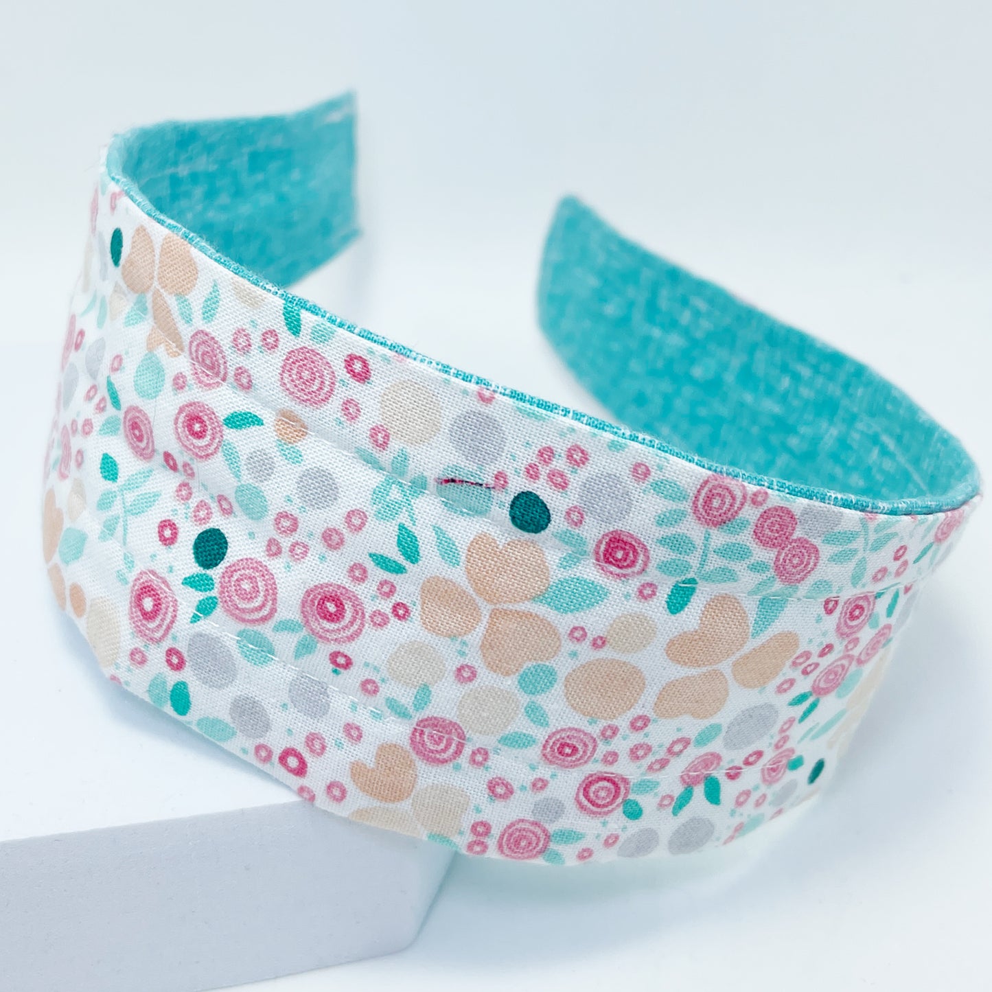 Comfortable Reversible Handmade Fabric Headband - Teal and Petite Pink floral