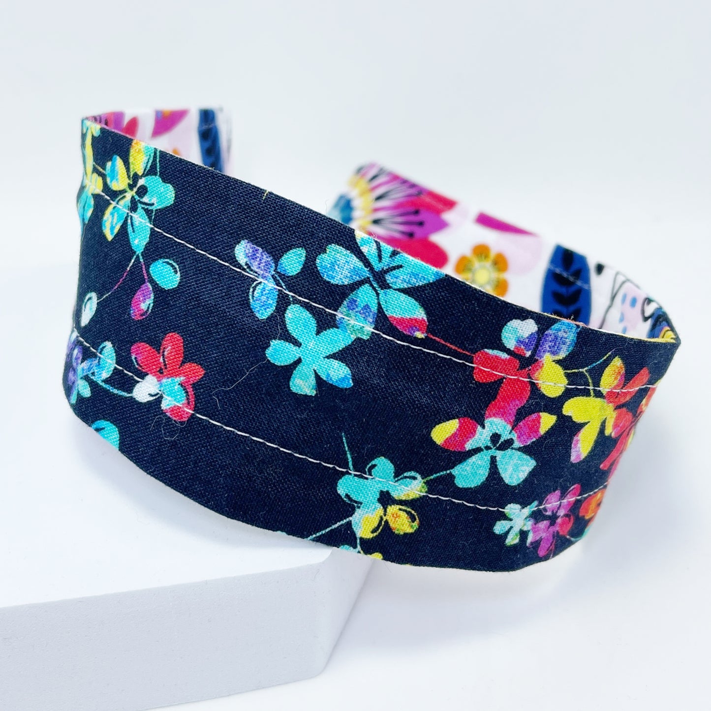 Comfortable Reversible Handmade Fabric Headband - Big Floral and Watercolor flowers