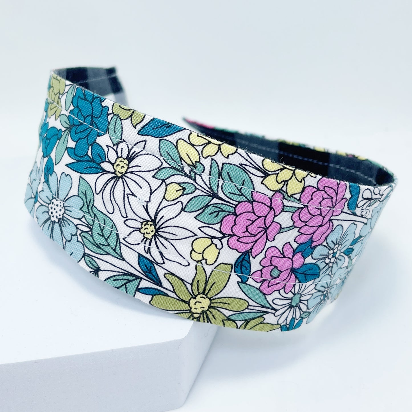 Comfortable Reversible Handmade Fabric Headband - Bright Floral and Black Gingham