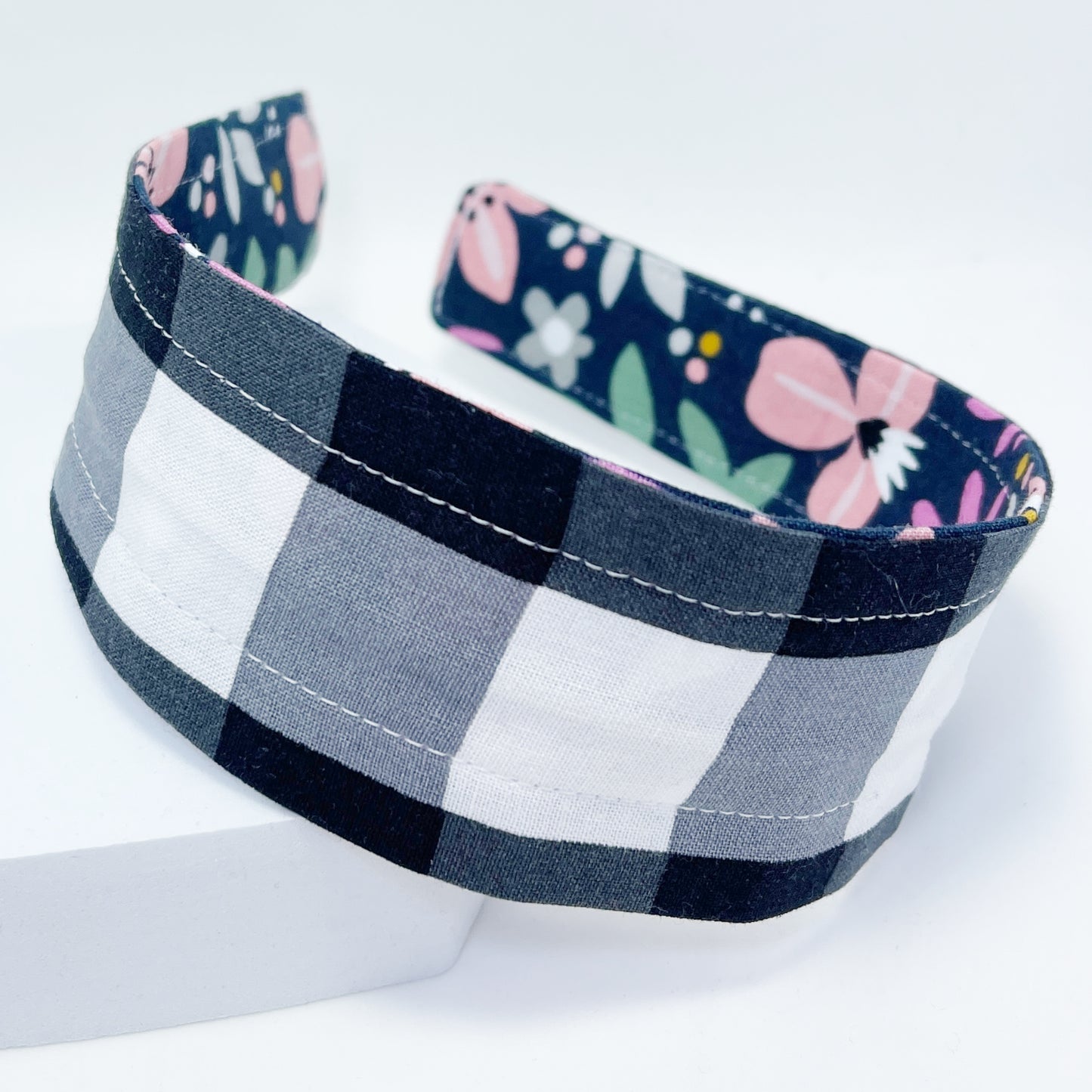 Comfortable Reversible Handmade Fabric Headband - Vintage Navy Floral & Black Gingham