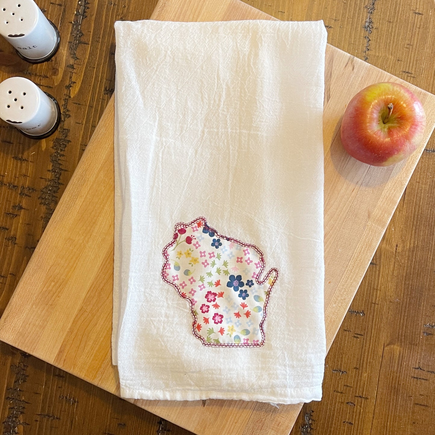 Custom State Applique Embroidered White Tea Towel