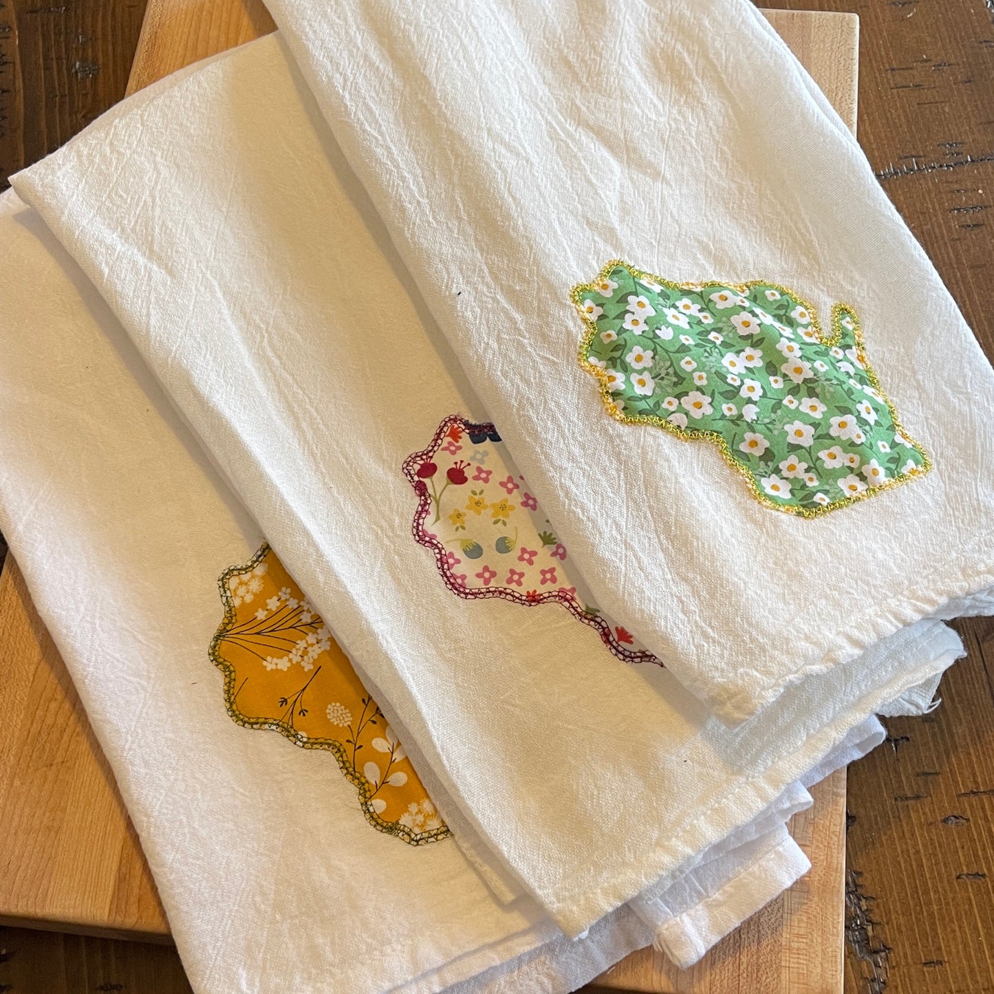 Custom State Applique Embroidered White Tea Towel