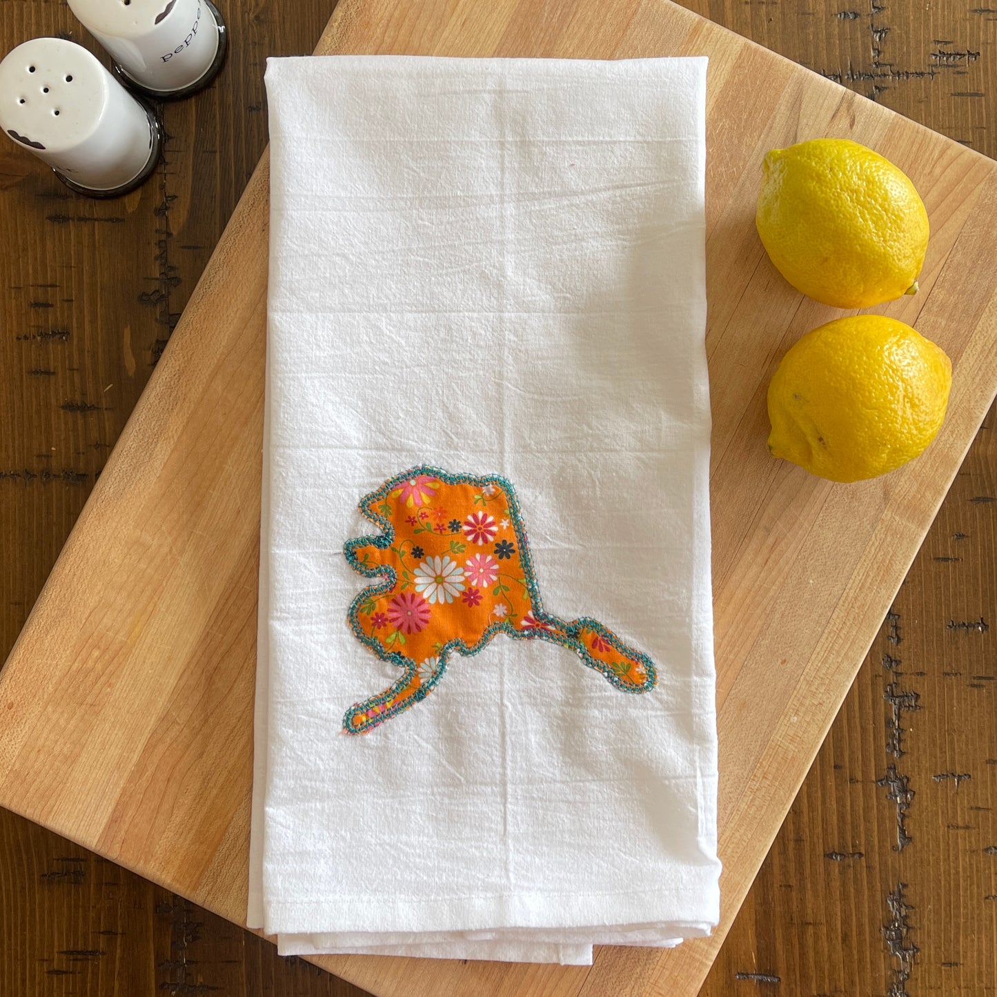 Custom State Applique Embroidered White Tea Towel