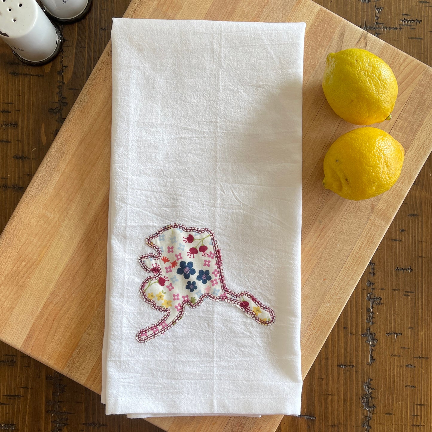 Custom State Applique Embroidered White Tea Towel