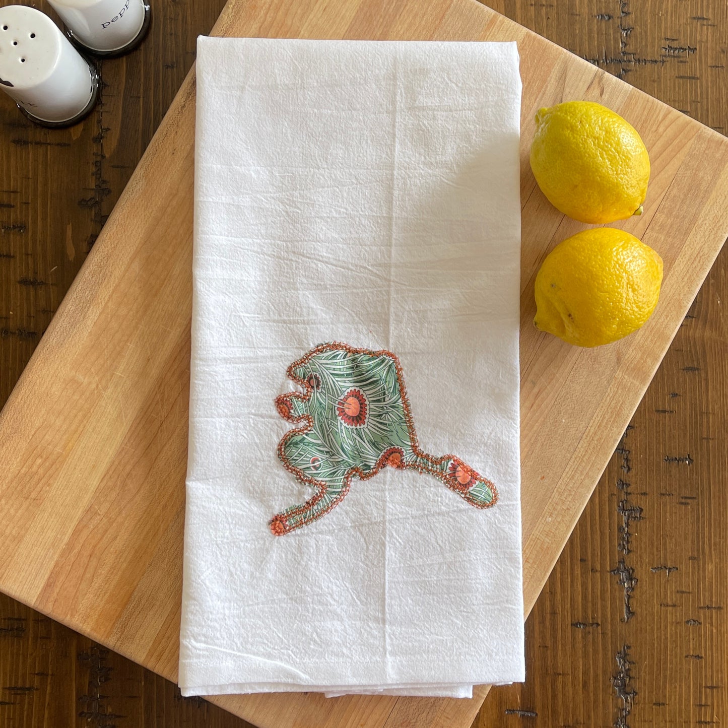 Custom State Applique Embroidered White Tea Towel