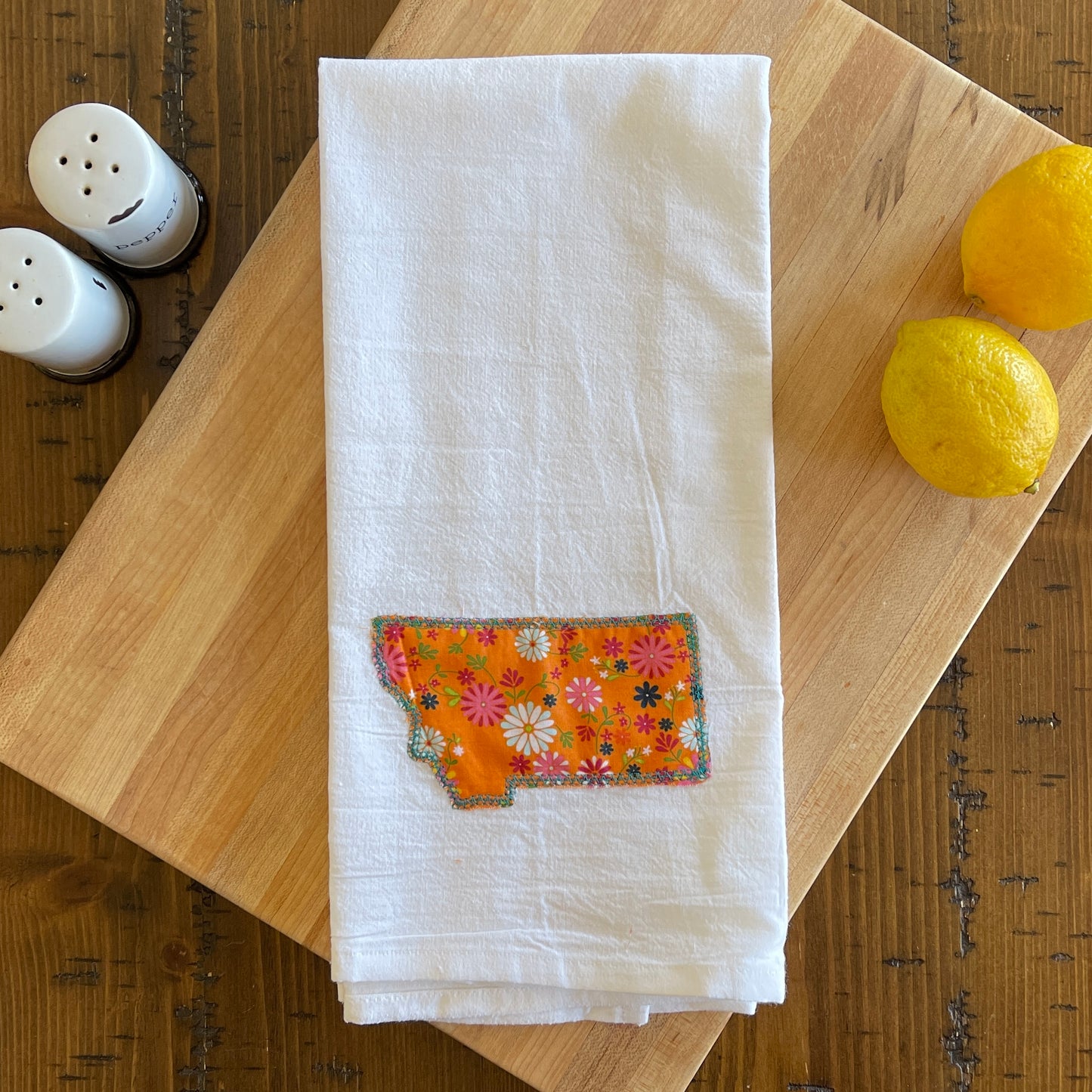 Custom State Applique Embroidered White Tea Towel