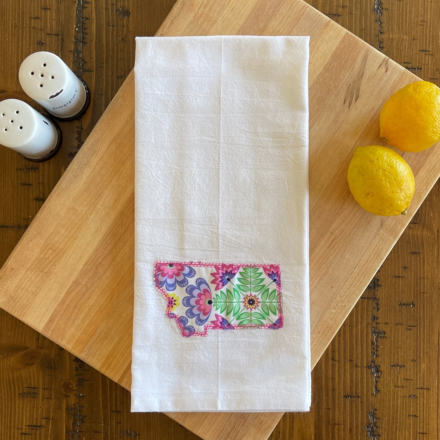 Custom State Applique Embroidered White Tea Towel