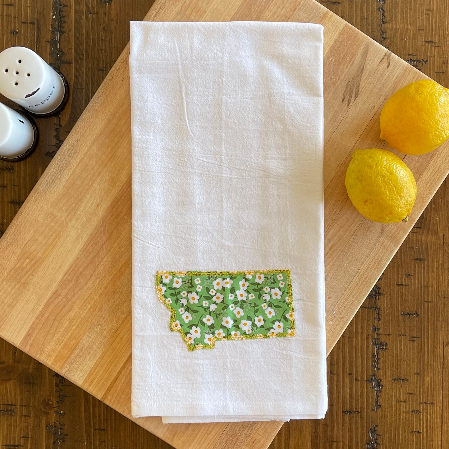 Custom State Applique Embroidered White Tea Towel