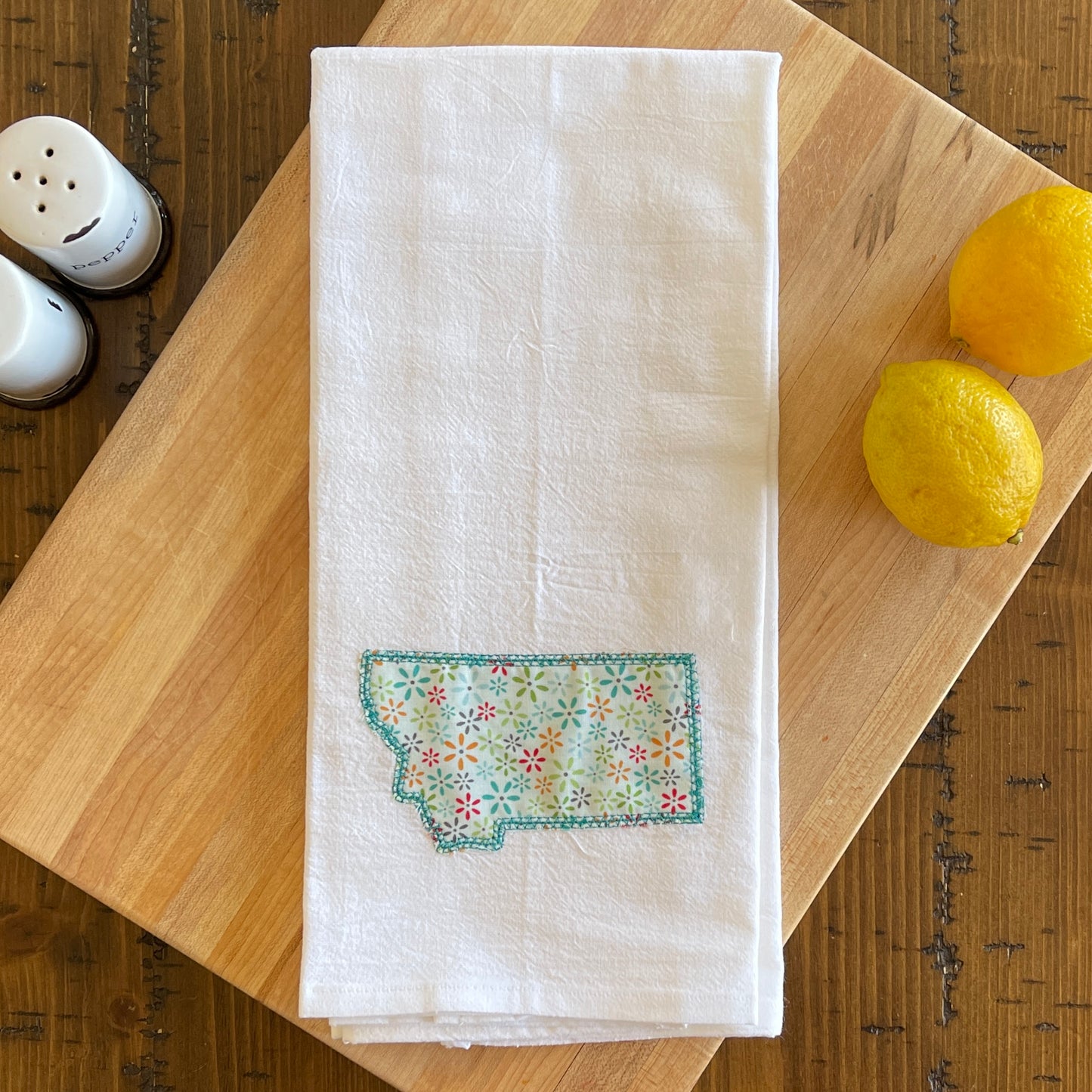 Custom State Applique Embroidered White Tea Towel