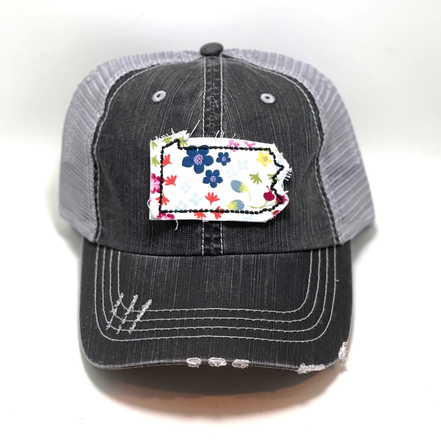 gray distressed trucker hat with gray floral fabric state of Pennsylvania