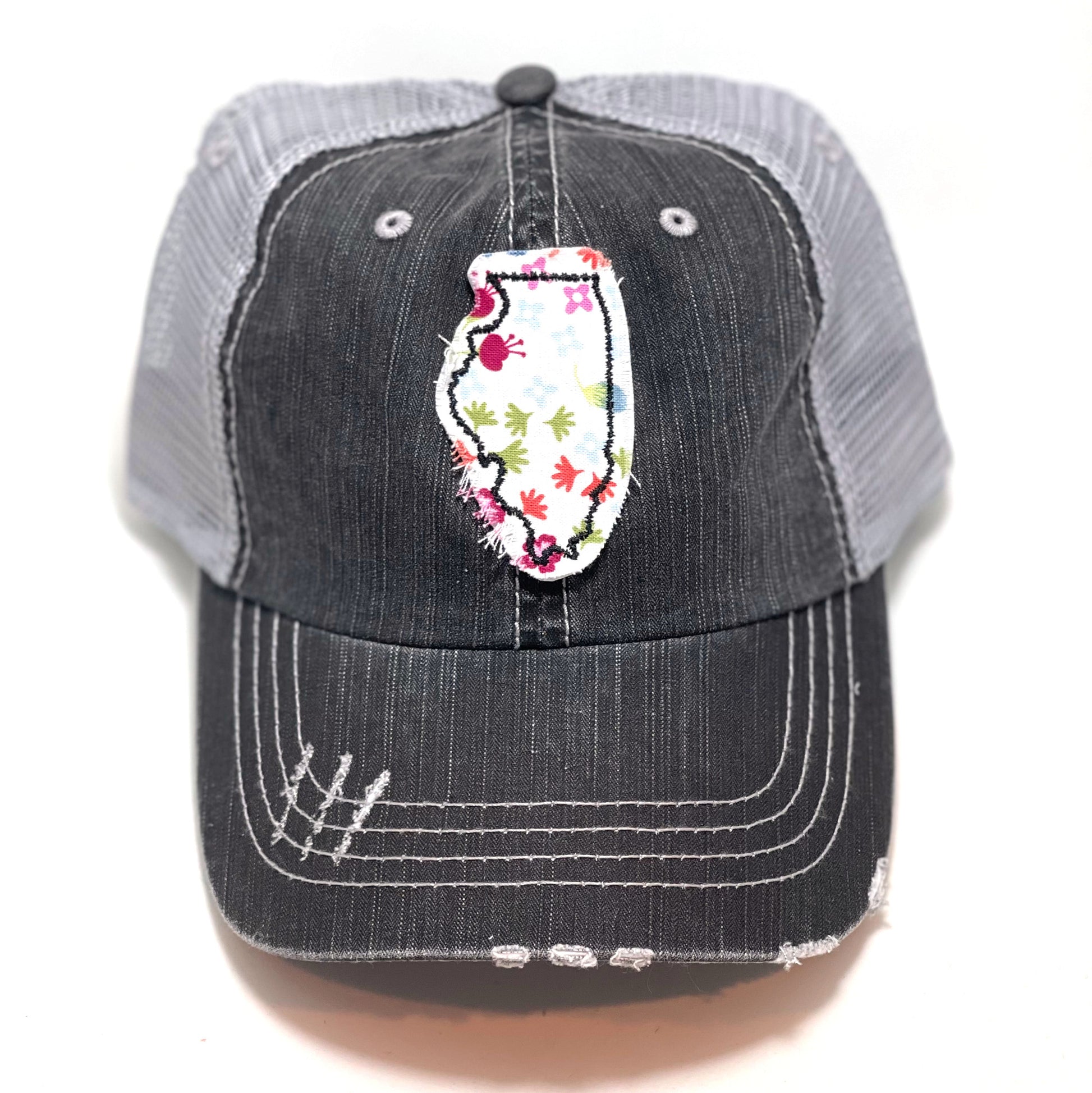 gray distressed trucker hat with gray floral fabric state of Illinois