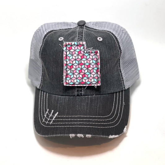 gray distressed trucker hat with gray floral fabric state of Utah