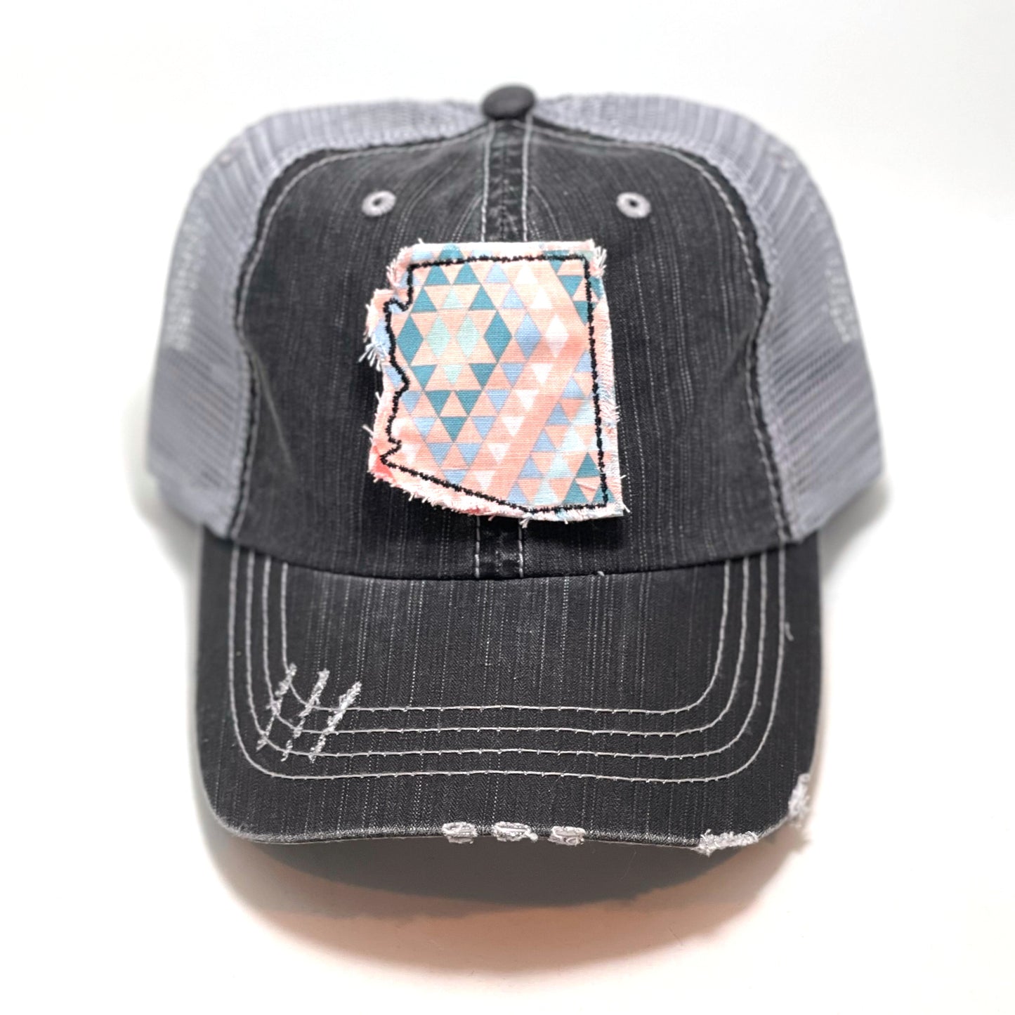 gray distressed trucker hat with gray floral fabric state of Arizona