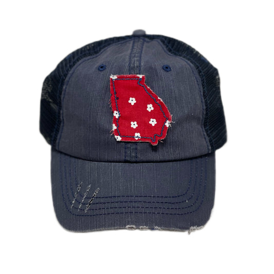 Georgia Hat | Navy Distressed Trucker Cap | Many Fabric Choices