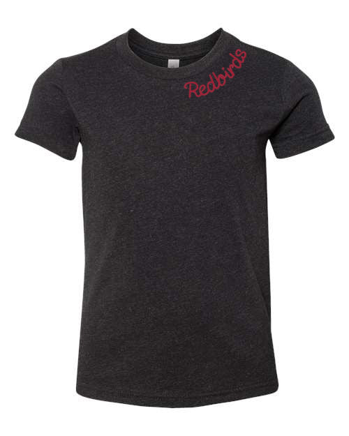 De Pere Redbirds Embroidered Minimalist Tee - Heather Black or Gray Youth Unisex sizing