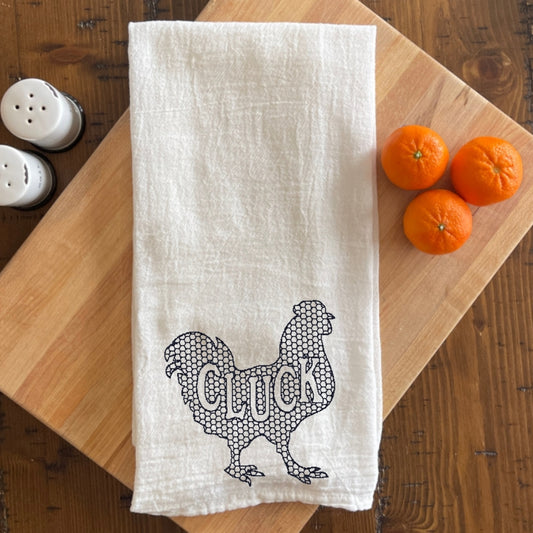 Cluck Chicken- Embroidered White Tea Towel - Farm Animals
