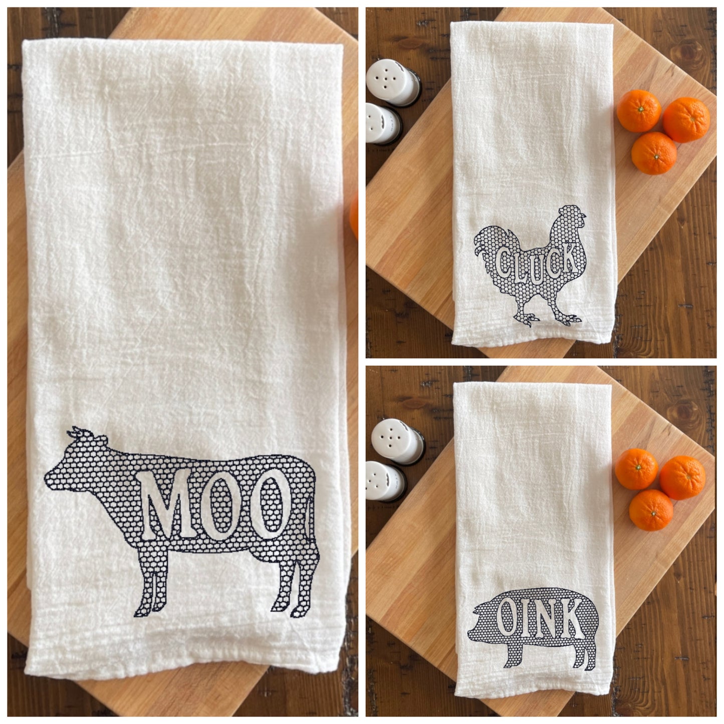 Oink Pig- Embroidered White Tea Towel - Farm Animals
