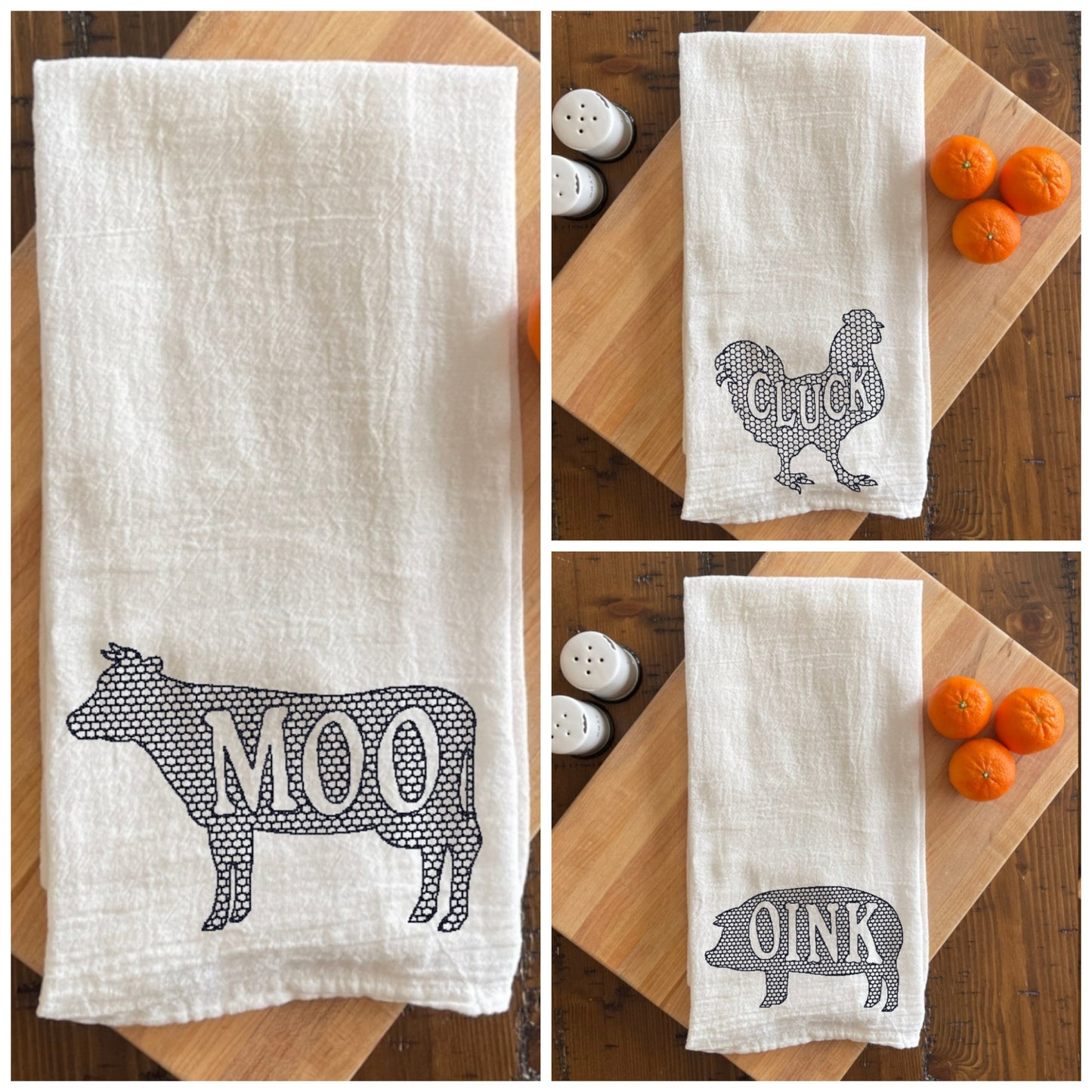 Moo Cow- Embroidered White Tea Towel - Farm Animals