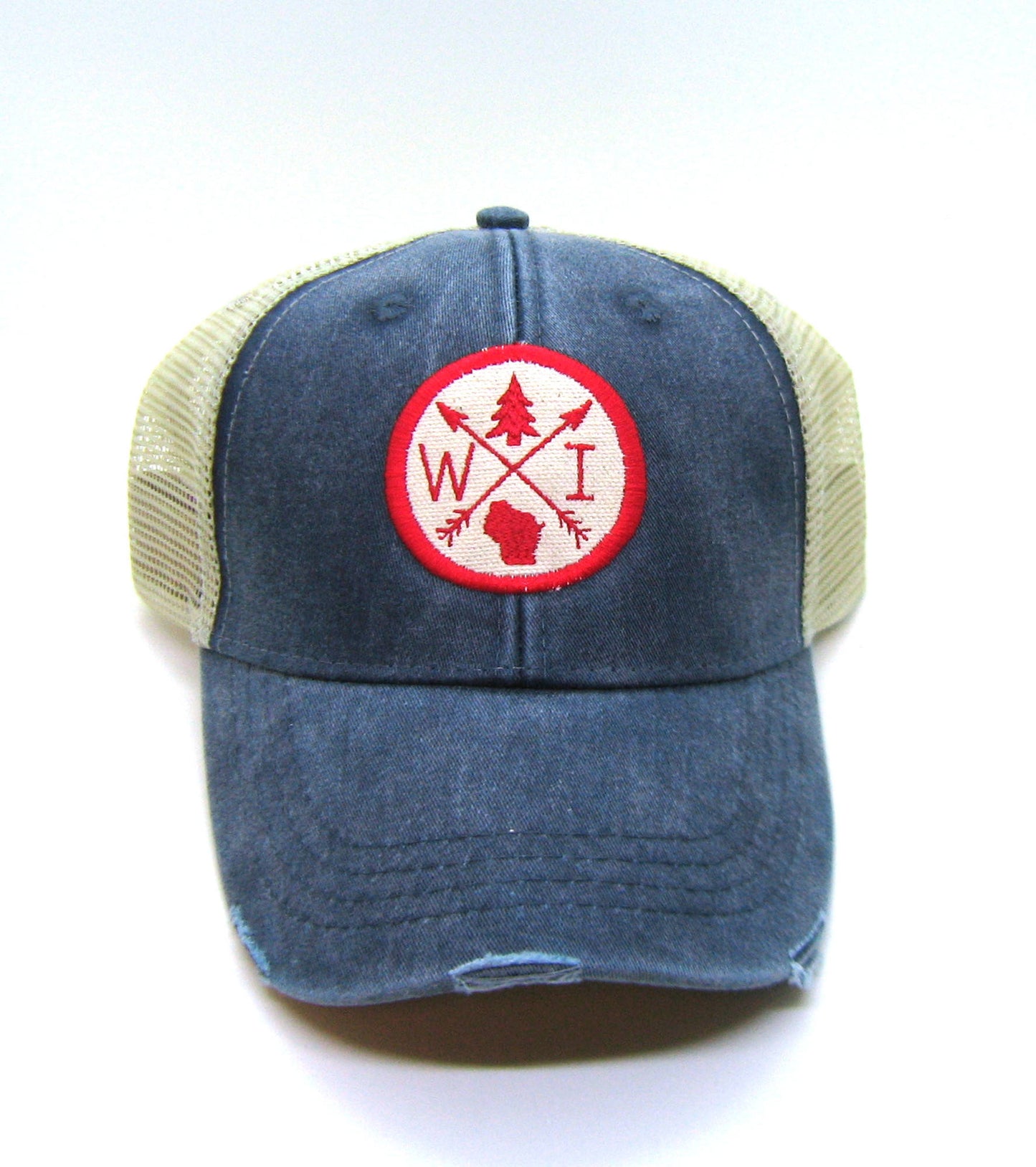 Wisconsin Hat - Navy Blue Distressed Snapback Trucker Hat - Wisconsin Patched Arrow Compass