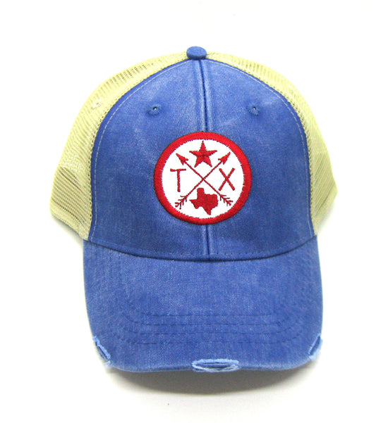 Texas Hat - Royal Blue Distressed Snapback Trucker Hat - Texas Star - Patched Arrow Compass Patch