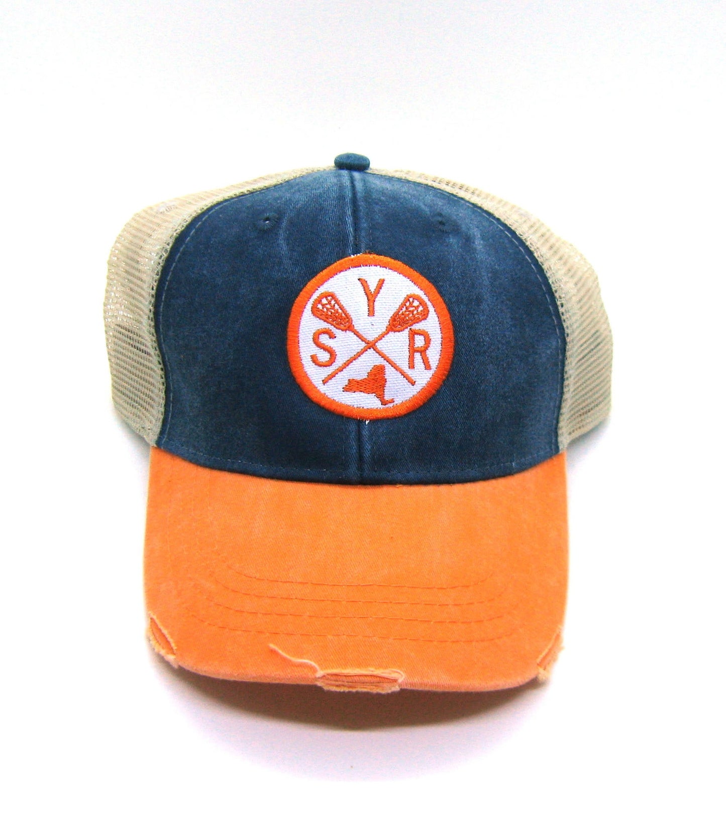 Syracuse Lacrosse Hat - Navy and Orange Distressed Snapback Trucker Hat - New York Arrow Compass Patch