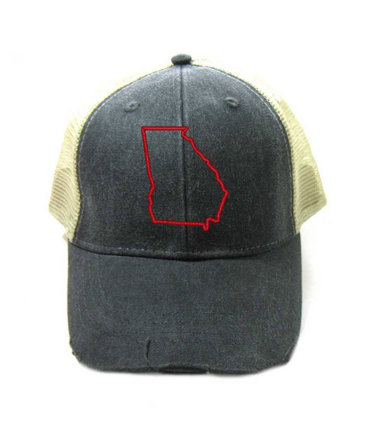 Georgia Hat - Distressed Snapback Trucker Hat - Georgia State Outline - Many Colors Available
