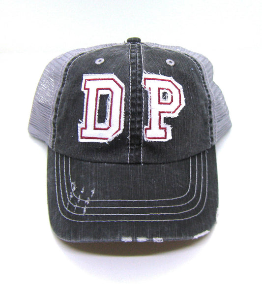 Gray Distressed Trucker Hat | DP De Pere Hat | White Lettering with Cardinal Red Stitiching