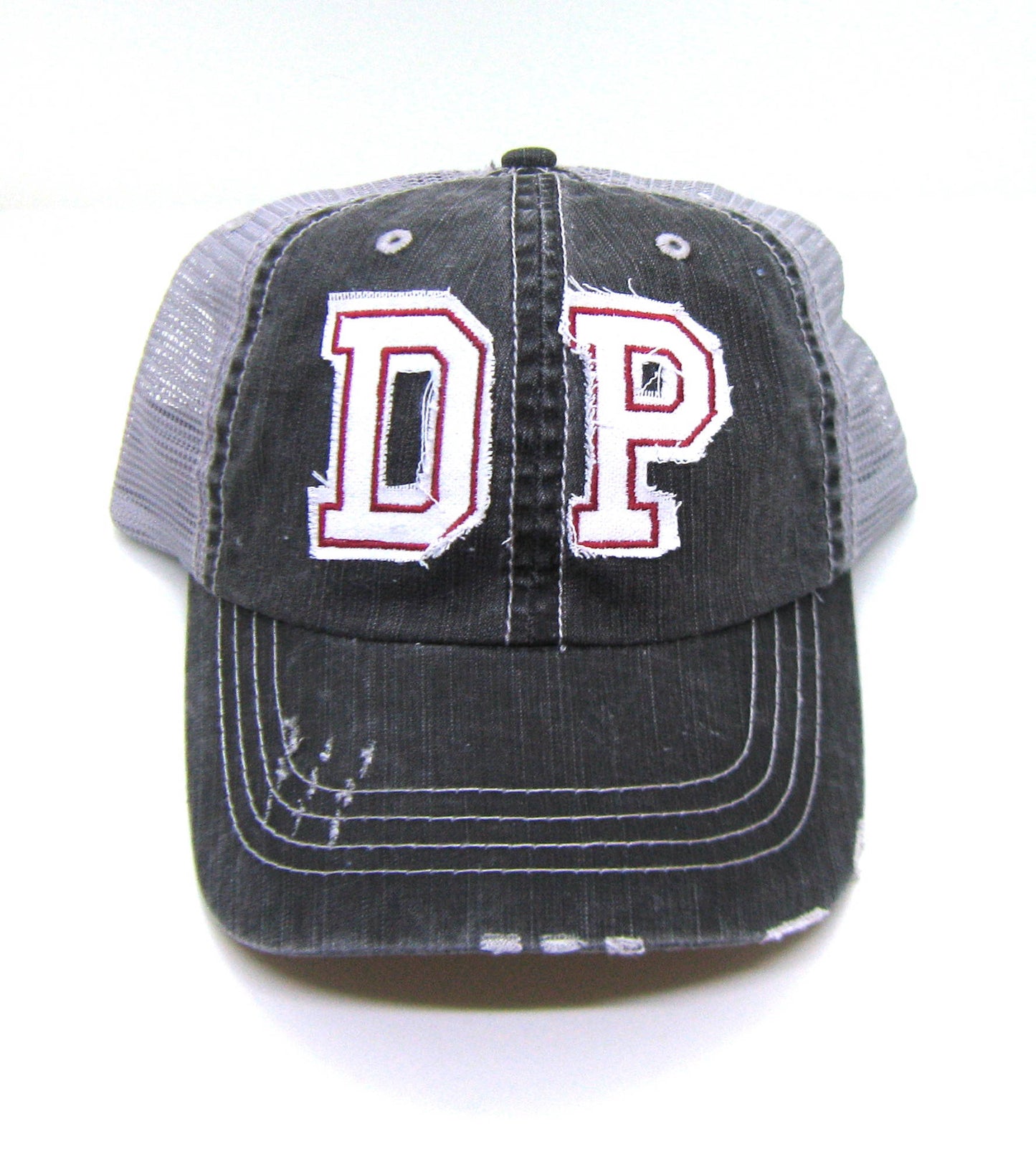 Gray Distressed Trucker Hat - DP De Pere Hat - White Lettering with Cardinal Red Stitiching