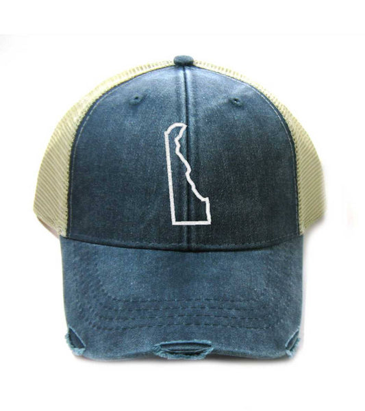 Delaware Hat - Distressed Snapback Trucker Hat - Delaware State Outline - Many Colors Available