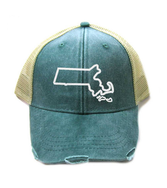 Massachusetts Hat - Distressed Snapback Trucker Hat - Massachusetts State Outline - Many Colors Available