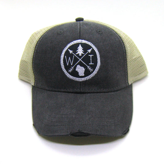 Wisconsin Hat - Black Distressed Snapback Trucker Hat - Wisconsin Patched Arrow Compass