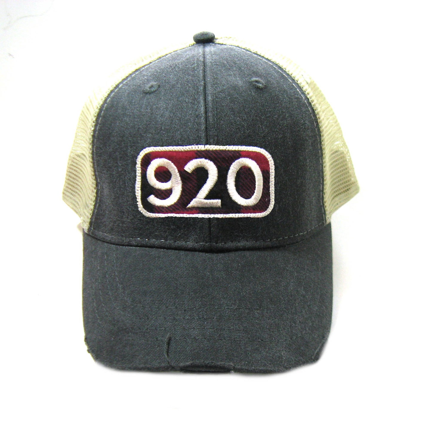 Area Code Hat - Black Distressed Snapback Trucker Hat - Buffalo Check Patch