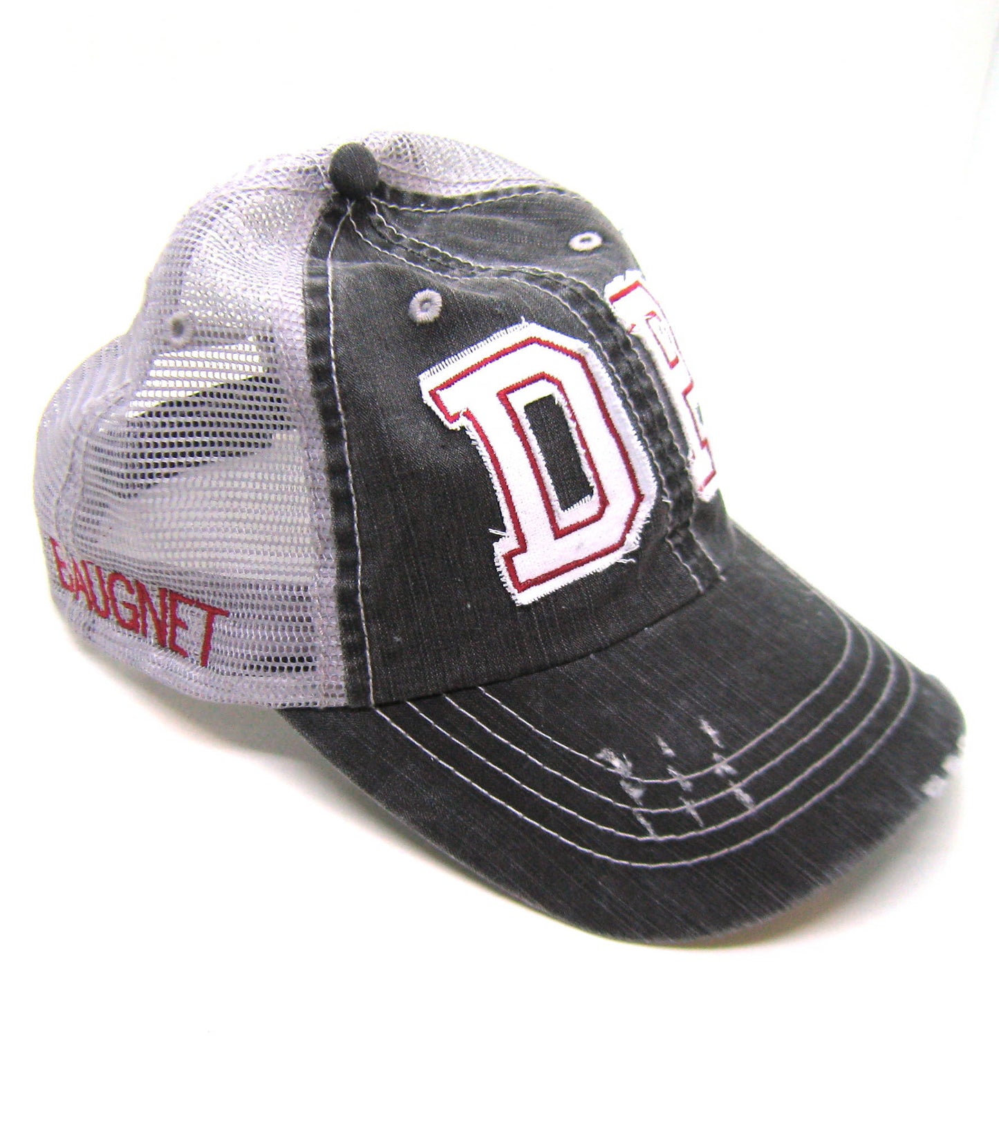 Gray Distressed Trucker Hat - DP De Pere Hat - White Lettering with Cardinal Red Stitiching